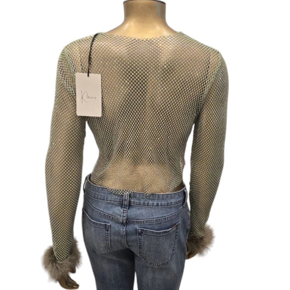 Sheer Mesh Long Sleeve Top with Fur Cuffs - Picture 2 of 7